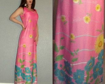 ¡LIQUIDACIÓN! Vestido largo vintage Lady Blair, años 60, con estampado floral, estilo bohemio hippie, estilo anfitriona, color rosa, estilo op art.