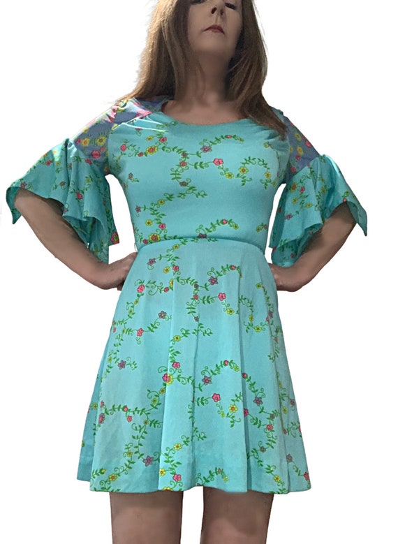 XS S MOD Vtg 60s 70s Sundays Child Aqua Blue Flor… - image 4