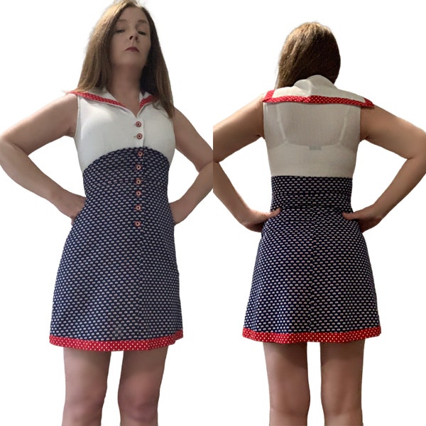 XS S Vtg 60s 70s Bombshell Polka Dot Sexy SAILOR Button Front Lolita Dolly Micro Mini Dress