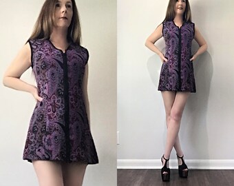 SM Vtg 60s 70s MOD Jonathan Logan Psychedelic Paisley Tapestry Novelty Print Space Age Twiggy Go Go Mini Dress Vest