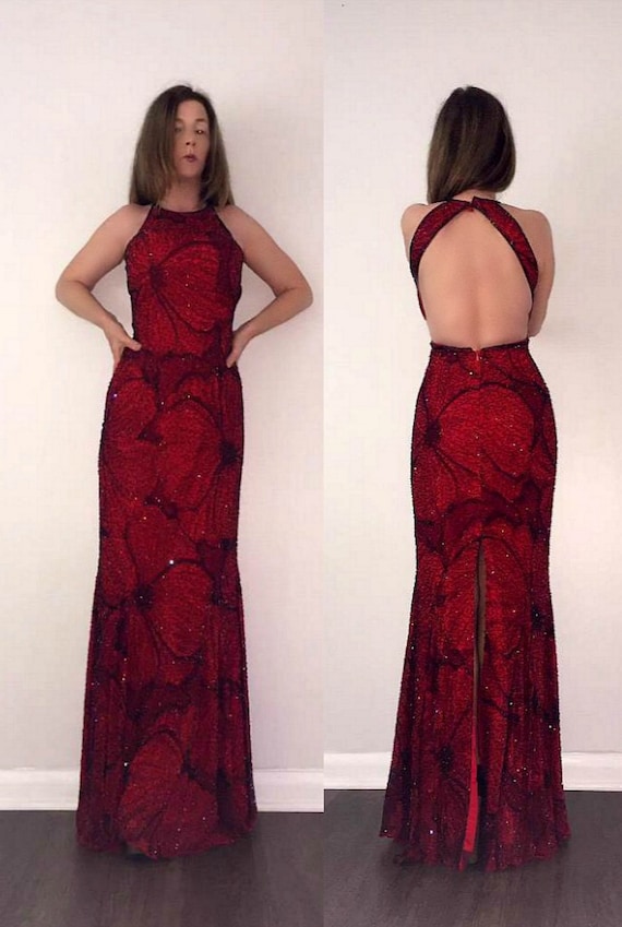 GORGEOUS Sexy Vtg 80s 90s BEADED Red Floral Swirl