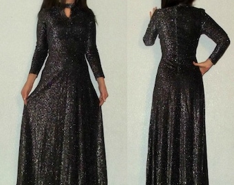 ¡LIQUIDACIÓN! Vestido largo de cóctel vintage de los años 60, negro, plateado y metalizado, con aberturas en la espalda, talla XS S
