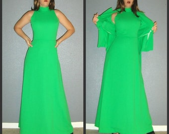 XS S Vtg 70s Debbie Dobson NY Green 2 Piece Hostess Maxi Dress & Peplum Jacket Blazer Set