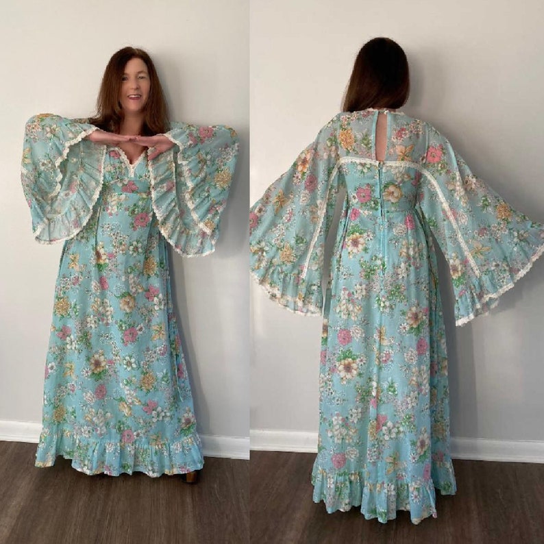 XS S Vtg 60s 70s Blue FLORAL Lace Deep V Angel Bell Sleeve Goddess Boho ...