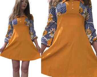 XS S Vtg 70s MOD Joseph Ribkoff Orange Polka Dot Floral Colorblock Space Age Twiggy Mini Dress