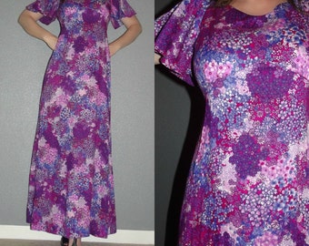 ¡LIQUIDACIÓN! Vestido largo hawaiano bohemio hippie, estilo años 60 y 70, morado, psicodélico, con estampado floral diminuto y mangas acampanadas. XS S
