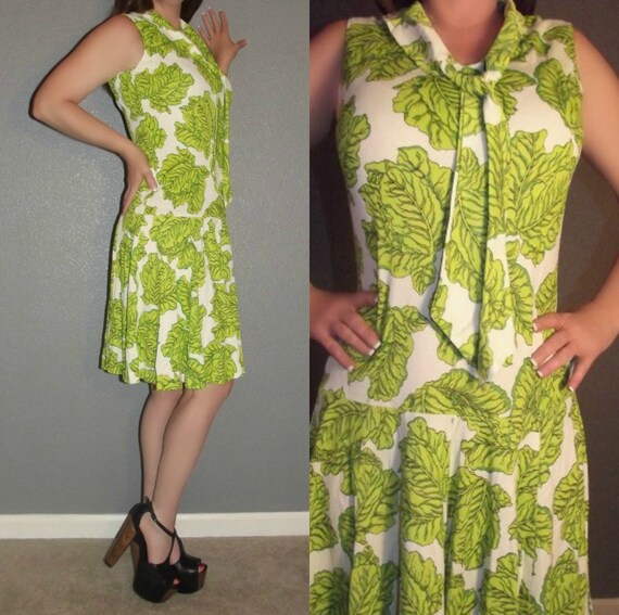 Mod SM Vtg 60s Neon Lime Green Novelty Leaf Print