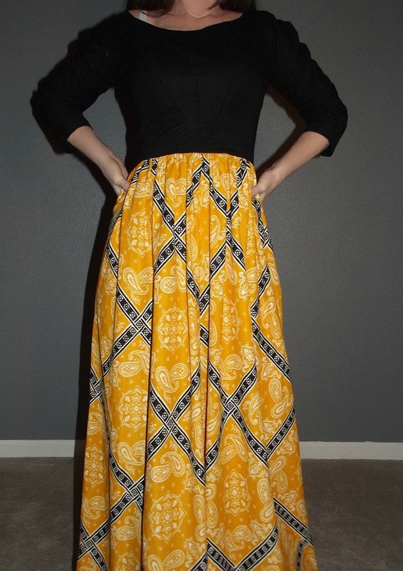 SM Vtg 60s Mustard Gold Black White Floral Plaid … - image 4