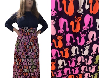 RARE XS S Vtg 60s 70s Mod Psychedelic Novelty CAT Print Op Art Space Age Boho Hippie Maxi Dress