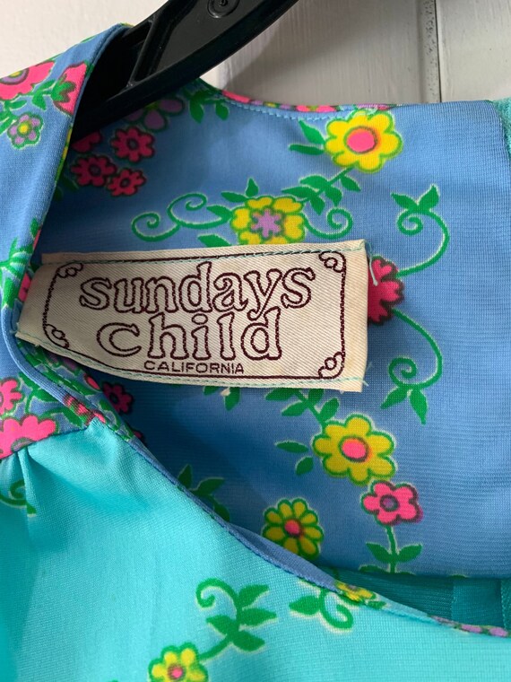 XS S MOD Vtg 60s 70s Sundays Child Aqua Blue Flor… - image 10