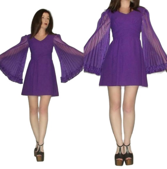 XS S MOD Vtg 60s Purple Sheer Accordian Angel Bel… - image 1