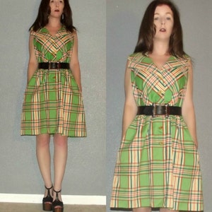 Mod SM Vtg 60s DENISE L. Green Orange Plaid Button Front COLLARED Space Age Twiggy Pocketed Mini Dress