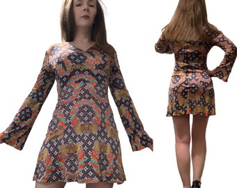 XS S Vtg 60s 70s The Now Generation Psychedelic Floral Print Twiggy Lolita L/S Dolly Micro Mini Dress