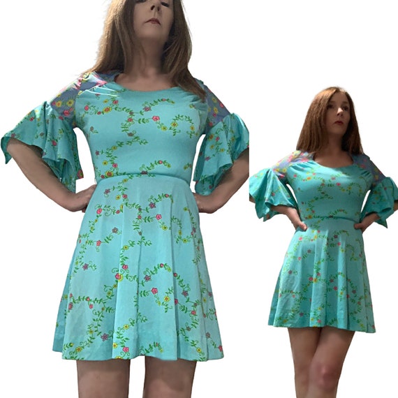 XS S MOD Vtg 60s 70s Sundays Child Aqua Blue Flor… - image 1