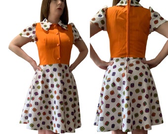 SM Vtg 60s 70s Orange Geometric Colorblock Peter Pan Mod TWIGGY Space Age Dolly A-Line Mini Dress