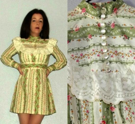 XS S Vtg 60s 70s Victorian Lace Ruffle High Collar