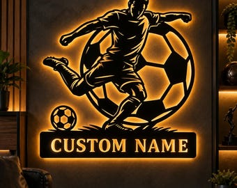 Soccer Player SVG DXF, Football Cut File with Name Plate, Laser Cut Wall Art
