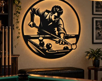 Pool Player Wall Art SVG DXF, Billiards Laser Cut File, Pool Player Stencil, CNC Cut Design, Game Room Decor