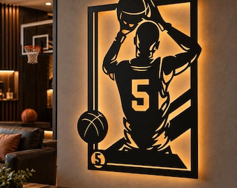 Grafika ścienna z koszykarzem w formacie SVG DXF, plik do cięcia laserowego z motywem koszykówki, szablon sportowy, projekt wycinany CNC, wystrój pokoju gier