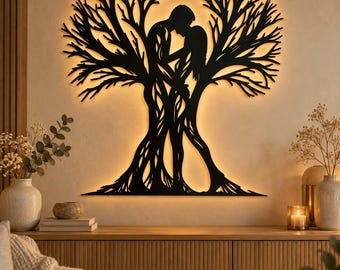 Couple Love Tree Wall Art SVG DXF, Romantic Tree Laser Cut File, Wedding Anniversary Decor, Lovers Silhouette, CNC Cut Design