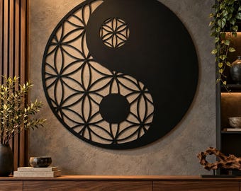 Kwiat Życia Yin Yang SVG DXF, plik wycinany laserowo z geometrią sakralną, sztuka ścienna zen, projekt wycinany CNC, wystrój duchowy
