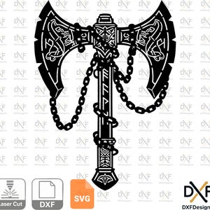 Viking battle axe silhouette for laser cutting and CNC. Professional Norse warrior weapon vector file in Svg Dxf format. High-detail metal wall art for LED backlit home decor from **dxfdesignco art**.