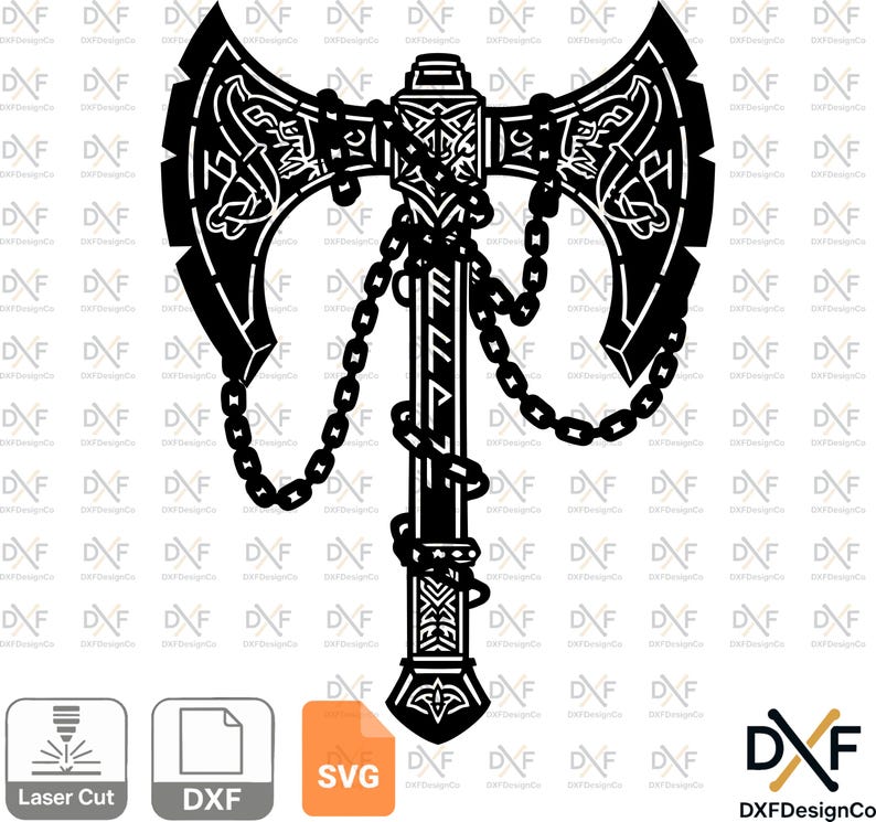 Viking battle axe silhouette for laser cutting and CNC. Professional Norse warrior weapon vector file in Svg Dxf format. High-detail metal wall art for LED backlit home decor from **dxfdesignco art**.