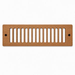 May include: A rectangular light brown wooden floor register vent cover featuring a series of vertical, rounded slots for airflow. The vent cover has a smooth, wood-grain finish and includes two small black screws positioned on the far left and right.
