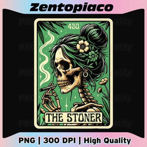 Puede incluir: Ilustración digital de un esqueleto con pelo verde y adornos florales, fumando un cigarrillo. La imagen tiene un fondo verde con el texto "THE STONER" y "420".