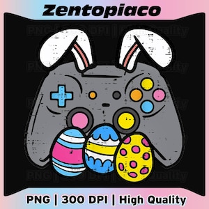 Könnte beinhalten: Graue Spielkonsole mit Hasenohren und bunten Ostereiern. Der Text "Zentopiaco" und "PNG | 300 DPI | High Quality" sind ebenfalls enthalten.