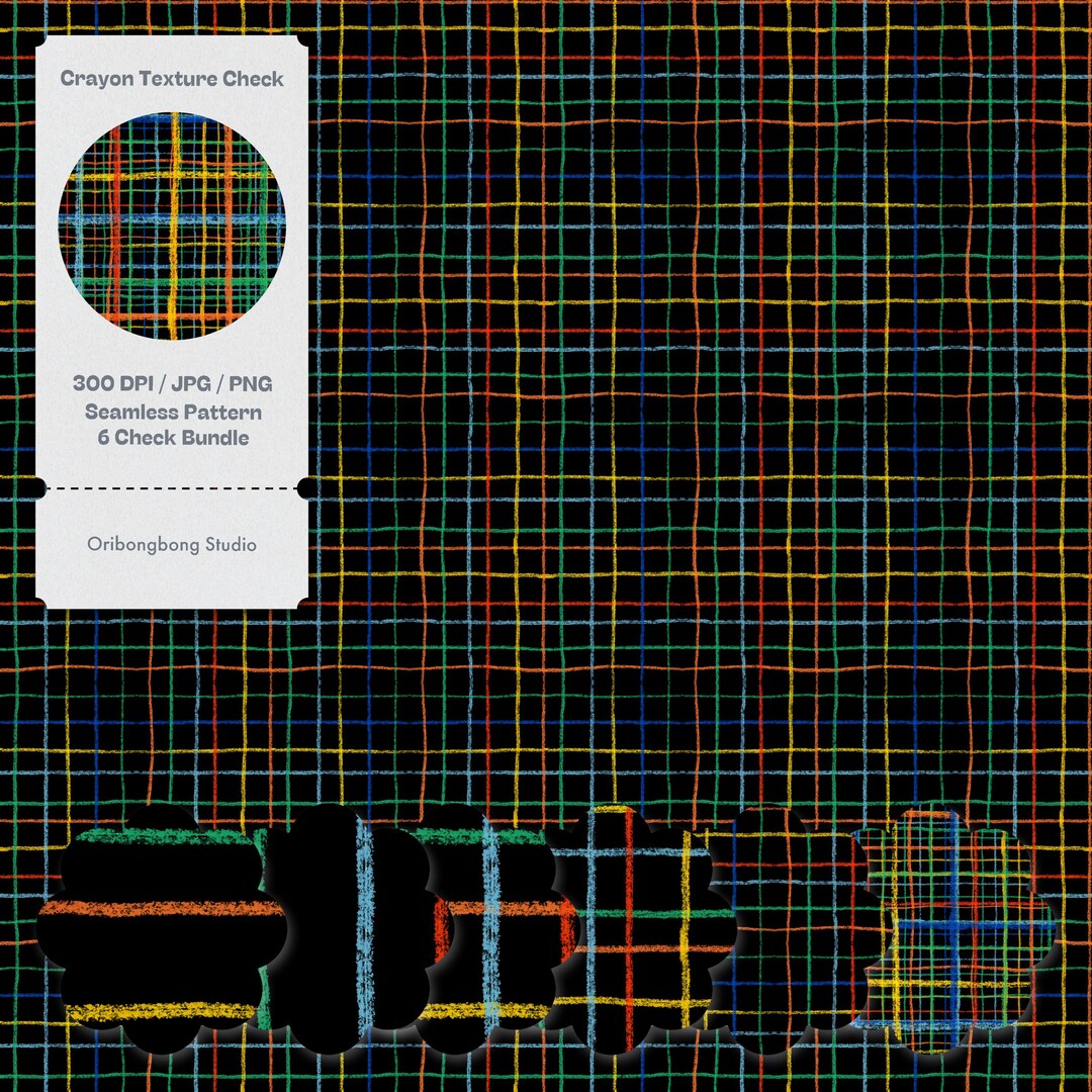 Crayon Texture Check Seamless Pattern Bundle Hand Drawn Gingham Kidcore ...