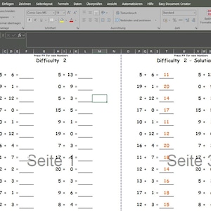 Level 2 - Addition bis 20, unendlich viele Mathe Arbeitsblätter zum ausdrucken, Matheübungen, Excel-Vorlage, Generator aus Zufallszahlen