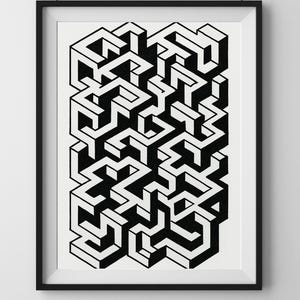 Geometric Optical Illusion Wall Art Print | Modern Black and White Abstract Digital Download | Minimalist Isometric Printable Decor