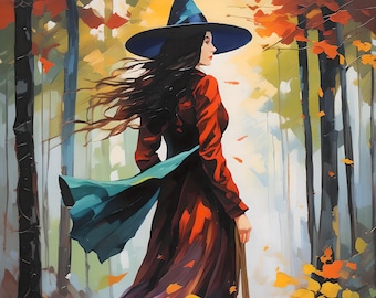 Autumn Witch Art Print, Forest Oil Painting (Digital Download)
