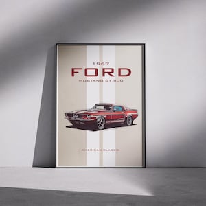 Car poster, 1967 Ford Mustang GT500 Poster – Vintage Wall Art, Classic Car