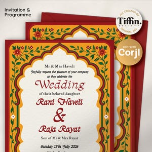 以下が含まれることがあります： 赤と黄色の装飾的なボーダーが付いた結婚式の招待状。「Mr & Mrs Haveli」と「Wedding of their beloved daughter Rani Haveli & Raja Rayat」のテキストが含まれています。招待状には「Sunday 13th July 2026」のテキストも含まれています。