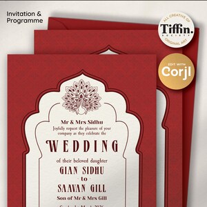 Könnte beinhalten: Rote Hochzeitseinladung mit einem dekorativen Pfauendesign und dem Text "Wedding" und "Mr & Mrs Sidhu". Die Einladung enthält auch den Text "Invitation & Programme", "Edit with Corjl" und "All Creative of Tiffin. Original Art".
