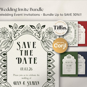 Könnte beinhalten: Ein Hochzeitskarten-Bundle mit einer "Save the Date"-Karte mit floralem Design und dem Text "Save the Date 01.03.26". Weitere Einladungskarten in verschiedenen Farben sind ebenfalls abgebildet. Der Text "The Wedding Invite Bundle" steht oben.