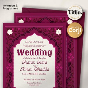 May include: A magenta wedding invitation with an elaborate floral design and the word "Wedding" in a decorative font. The invitation includes the names of the couple, date, and location. The design includes the text "Invitation & Programme".