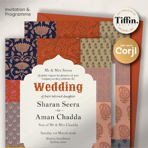 May include: A wedding invitation with a decorative design. The invitation features a mix of patterned panels in shades of blue, orange, and pink. The text reads "Wedding" and includes names and event details. The invitation is labeled "Invitation & Programme."