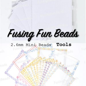 May include: White square fusing bead boards and patterned mini bead tools are displayed. The text "Fusing Fun Beads" is visible. The tools are in various colors and patterns. The text "2.6mm Mini Beads Tools" is also visible.