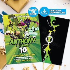 Puede incluir: Una invitación de fiesta de cumpleaños con temática de Ben 10 con un diseño verde y negro. La invitación presenta personajes de dibujos animados, el texto "ANTHONY IS TURNING 10" y detalles del evento. Incluye iconos de "Fácil de editar" y "Descarga instantánea".