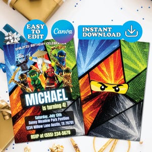 Pode incluir: Um convite para festa de aniversário com um design colorido com personagens ninja. O convite inclui o nome "MICHAEL" e a idade "4!". O texto também inclui a data, o local e as informações de RSVP. O design inclui o texto "EASY TO EDIT", "Canva" e "INSTANT DOWNLOAD".