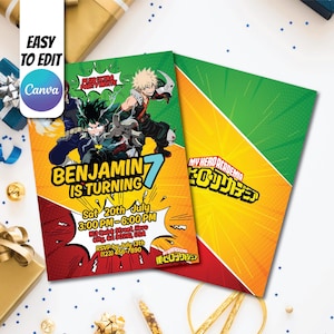 Convite editável de My Hero Academia, convite de aniversário de Boku No Hero, convite para festa de aniversário, modelo de convite para impressão