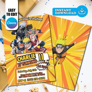May include: A digital birthday invitation template featuring Naruto anime characters on an orange and yellow comic-style background. The text reads: Charlie is turning 11, Saturday, July 13th, Sunny Meadow Park Pavilion, 1234 Willow Lane Austin, TX 78701, RSVP at (555) 234-5678.