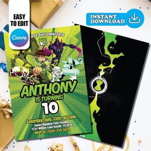 May include: A Ben 10 themed birthday invitation card featuring characters and the text Anthony is turning 10, Saturday, July 13th at 2pm, Sunny Meadow Park Pavilion, 1234 Willow Lane Austin, TX 78701, RSVP at (555) 234-5678, with a black back.
