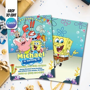 Convite editável do Bob Esponja, convite de aniversário do Bob Esponja, convite para festa de aniversário, modelo de convite do Bob Esponja para imprimir