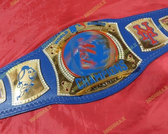 New York Mets World Series Champions Championship-riem - Amazin' Mets MLB baseball messing vergulde spinnerplaat echt leren band