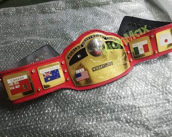 NWA Domed Globe World Heavyweight Championship-riem Echt leren band Messing platen met vergulding
