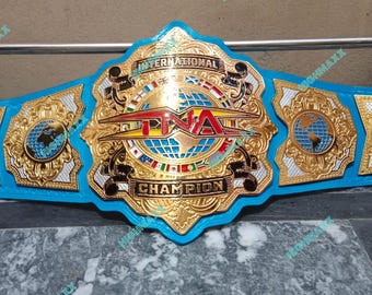 Internationaal TNA Wereldkampioenschap Worstelen Tegelriem 4 mm Zinkplaat Vergulde Handgemaakt Echt leer Leren Blauwe Band